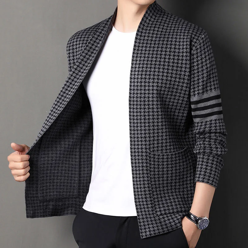 Fashion Loose Knitted Spliced Pockets Houndstooth Cardigan Sweaters Men's Clothing 2023 Autumn New Casual Tops All-match Coat