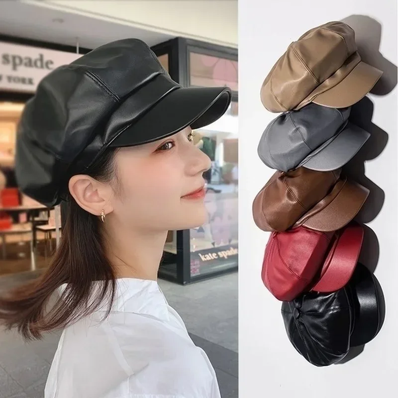 

PU Leather Retro Octagonal Hat Fashionable and Versatile Korean Version of Japanese British Leather Hat Beret