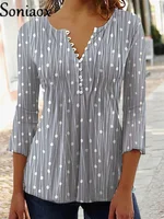 Fashion Elegant Polka Dot Print Bottoming Shirt Women 2022 Autumn Long Sleeve Button V Neck Pullover Blouse Casual Office Tops - Image 4