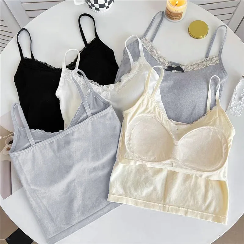 Knitted Crop Top Female Solid Color Sling Tops Knitwear Tank Top Sexy Slim Camisole Sleeveless Tops Vest For Women Sweet Bow Crop Tops, Womens Camisole Top