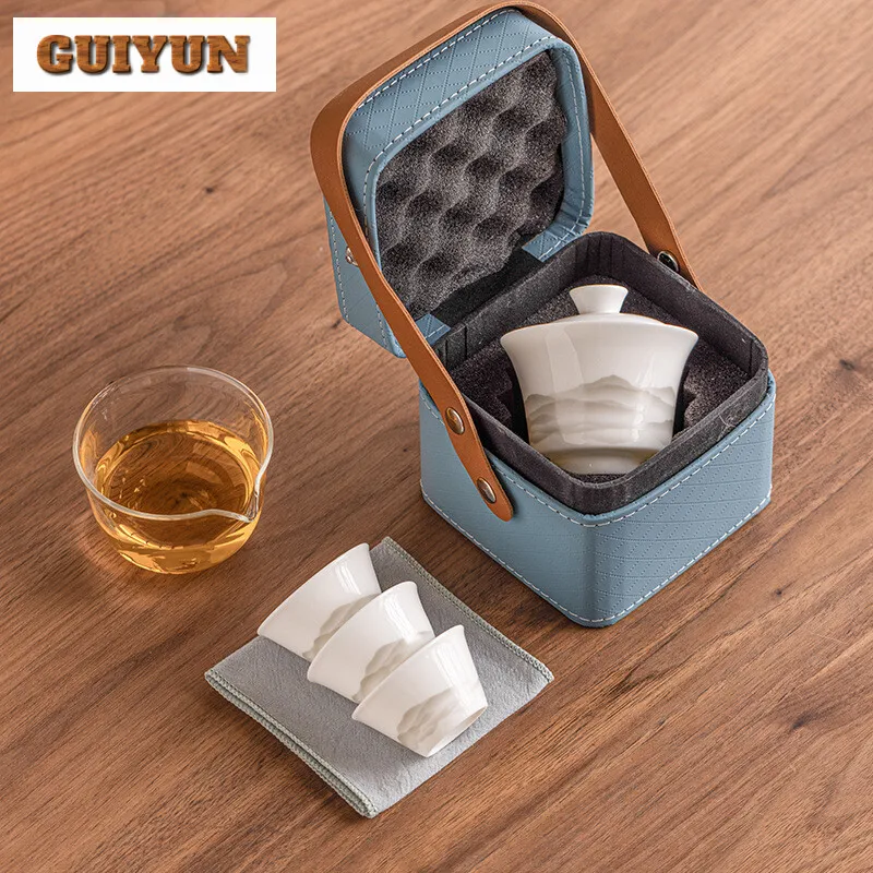 Sheep Fat Jade Ink Landscape Travel Tea Set Kit Creative 1 Pot 3 Cups Tea Maker Camping Outdoor Portable Handbag Items Craft
