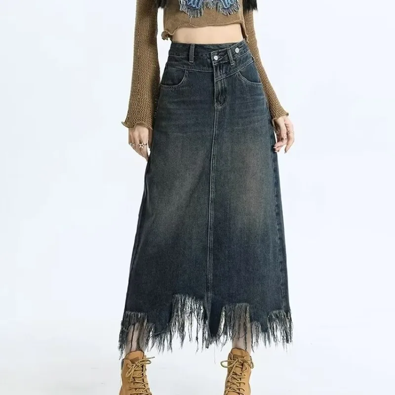 Retro Women's 2024 Summer Ragged Edge Panel High Waist Button Zipper Fashionable Elegant Slim Wrap Hip Fish Tail Denim Skirt american retro jeans five point star raw edge splicing loose wide leg jeans look thin trendy all match mopping pants ladies