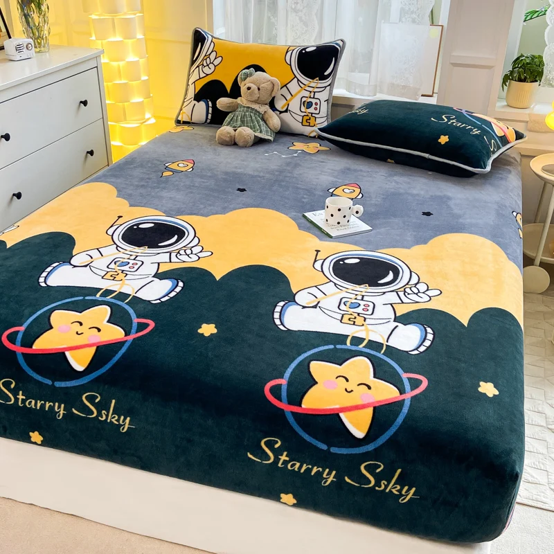 Queen Double Size Bed Sheet Polyester Elastic Fitted Sheet Velvet Soft Flannel Warm Mattress Cover King Full Twin Size Winter 2