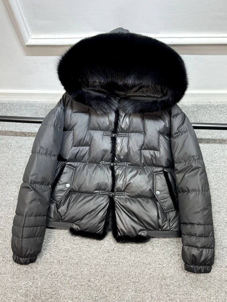 Lagabogy 2025 Winter Women White Duck Down Jacket Real Fox Mink Fur Collar Female Short Warm Puffer Coat Vintage Hooded Parkas