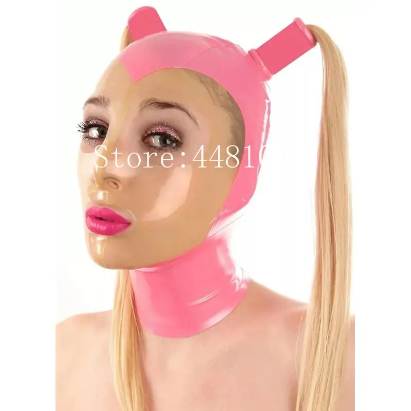 

Handmade Female Pink and Transparent Rubber Latex Party Hood with two Hair Pigtails Cosplay Mask Hoods Back Zip