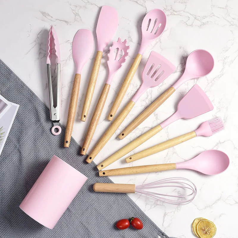 12pcs Heat-Resistant Silicone Kitchen Utensils Set Non-Stick Tools Kitchenware Wooden Handle Kitchen Gadgets for Easy Cooking