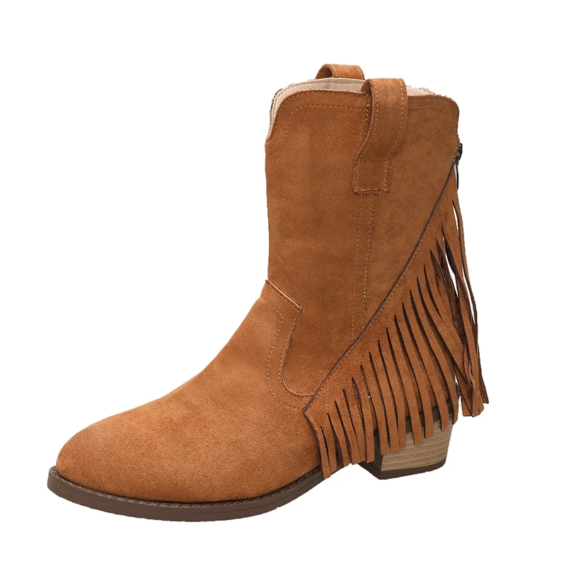 2023 Hot Sale Shoes for Women Zipper Women's Boots Winter Pointed Toe Solid Flock Mid-Calf Chunky Heels Western Tassel Boots