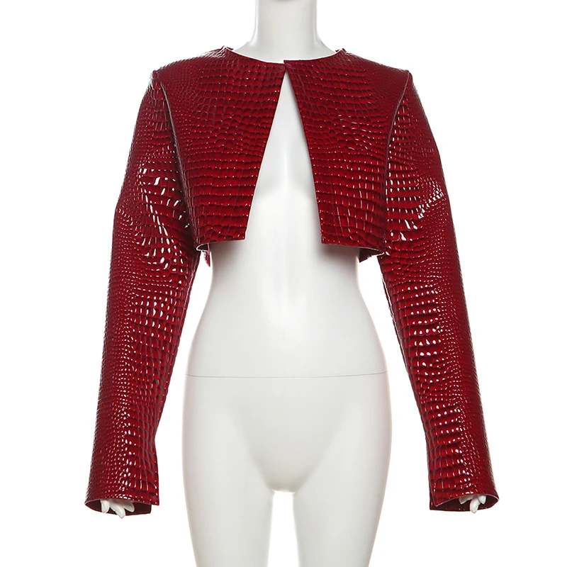 Women O Neck Long Sleeve PU Faux Leather Cropped Jackets Punk Grunge Casual Coats 2024 Spring Fall Harajuku Y2K Clothes 5