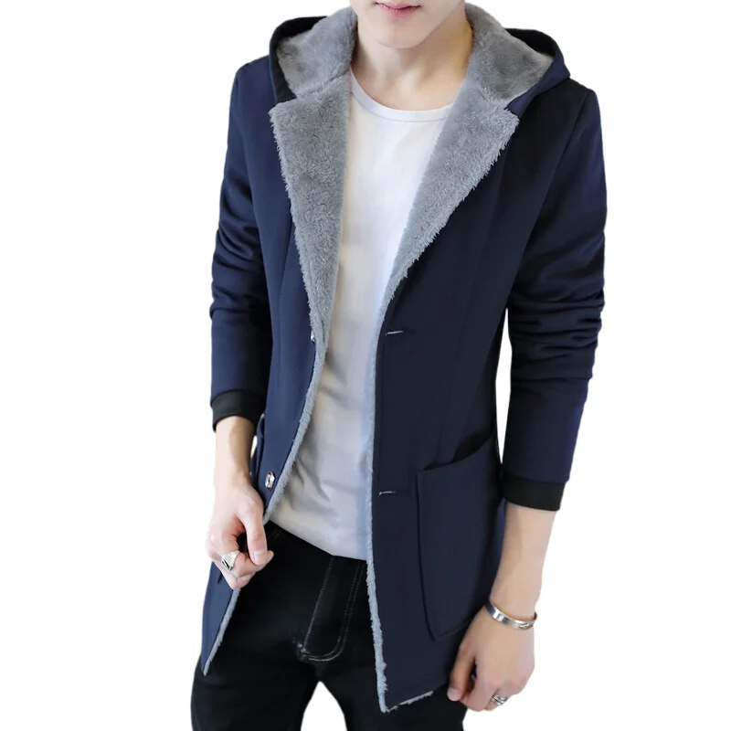 Winter Men with Warm Hood Men\'s Coats Fashion Winter Men \'s Cashmere Warm Jacket Hoodie Trench Plus Size Man Jackets Black