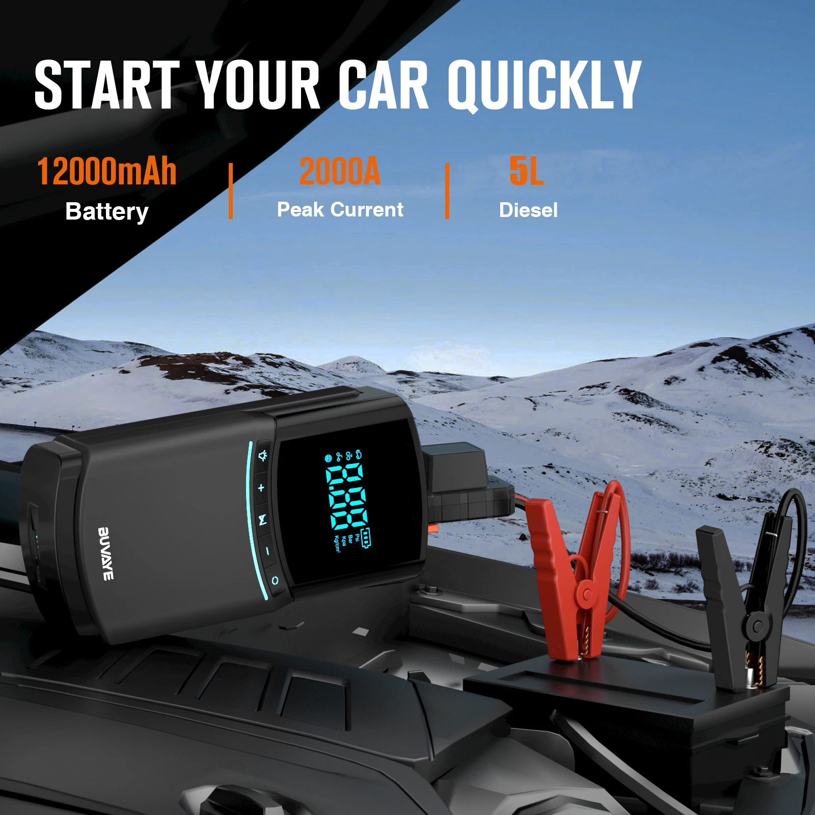 BUVAYE Car Jump Starter 2000A Air Compressor Pump 150PSI Power Bank 12000mAh Battery Booster 12V Digital Auto Tyre Inflator