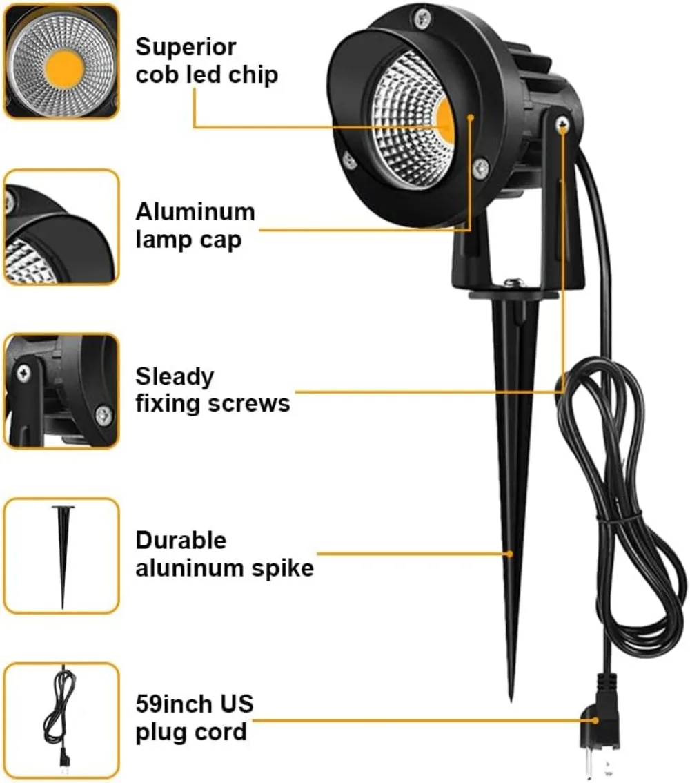 LED Landscape Lights, 10W 120V Outdoor Landscape Lighting with Ground Spike, 3000K Warm White, IP65 Waterproof Outdoor Spotlight