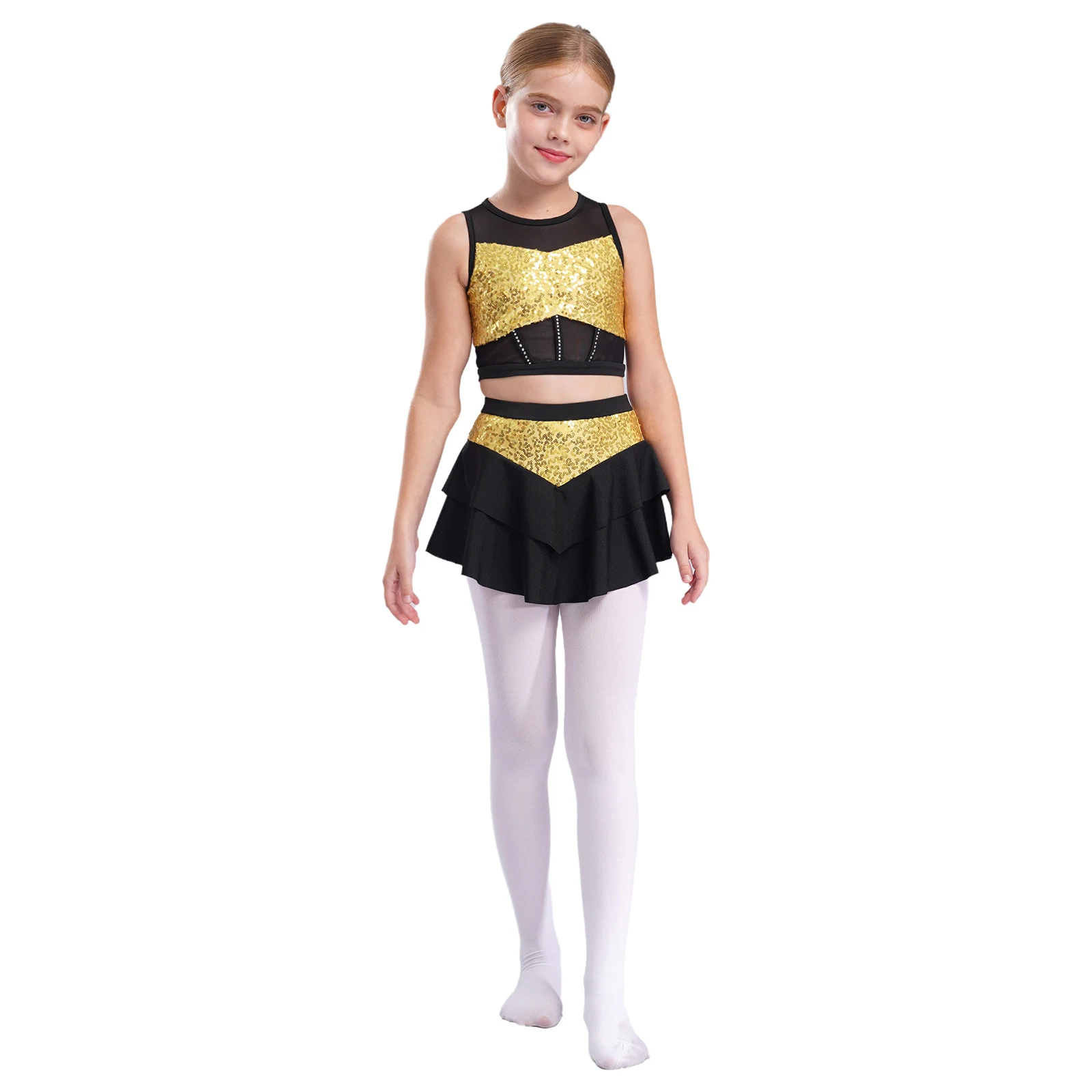Kinder Mädchen Glänzende Pailletten Cheerleading-Uniform Cheerleader Ballett Jazz Tanz Performance-Kostüm Crop-Top mit Stufenrock für – Detail 33