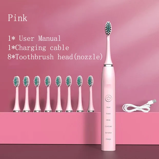 thumbnail image 1 of Cepillo de dientes eléctrico sónico para adultos con temporizador, vibrador automático ultrasónico para blanquear los dientes, IPX7, resistente al agua, 4 cabezales de cepillo, tipo USB, 1 of 5