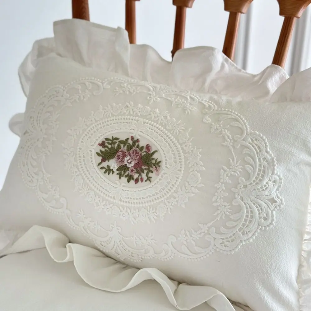 with Lotus Frill French Lace Pillow Cover Soft Washed Material White Cotton Pillow Case Comfortable Pillow Shell Pillow
