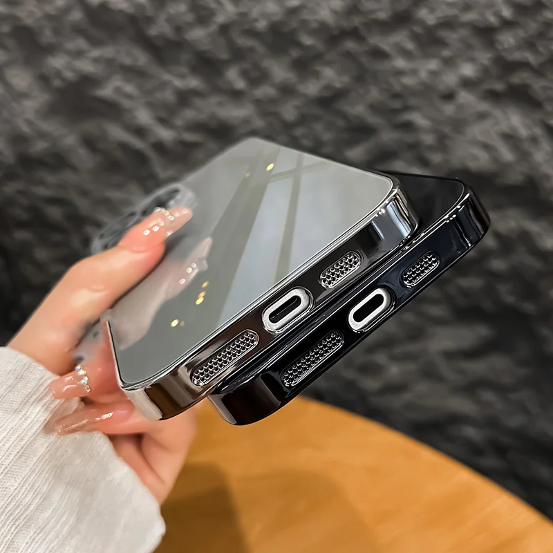Premium Shockproof Tempered Glass Case with Plating Frame and Mirror Lens Protection