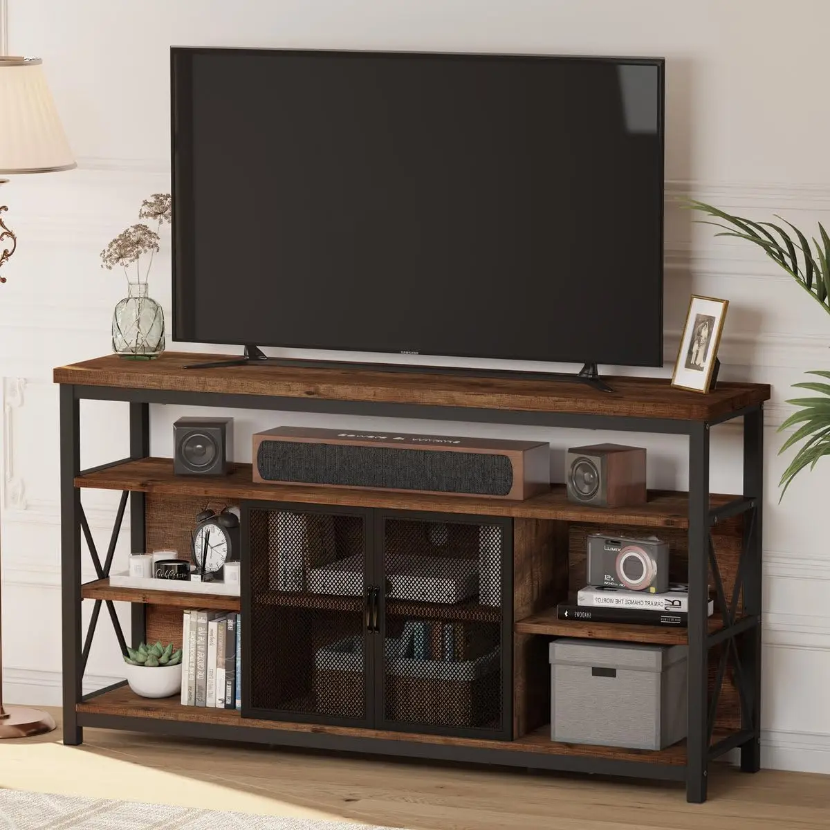 

BON AUGURE Tall TV Stand for TVs up to 65 Inch, Industrial Entertainment Center with Storage Cabinet, Farmhouse Wood TV Console