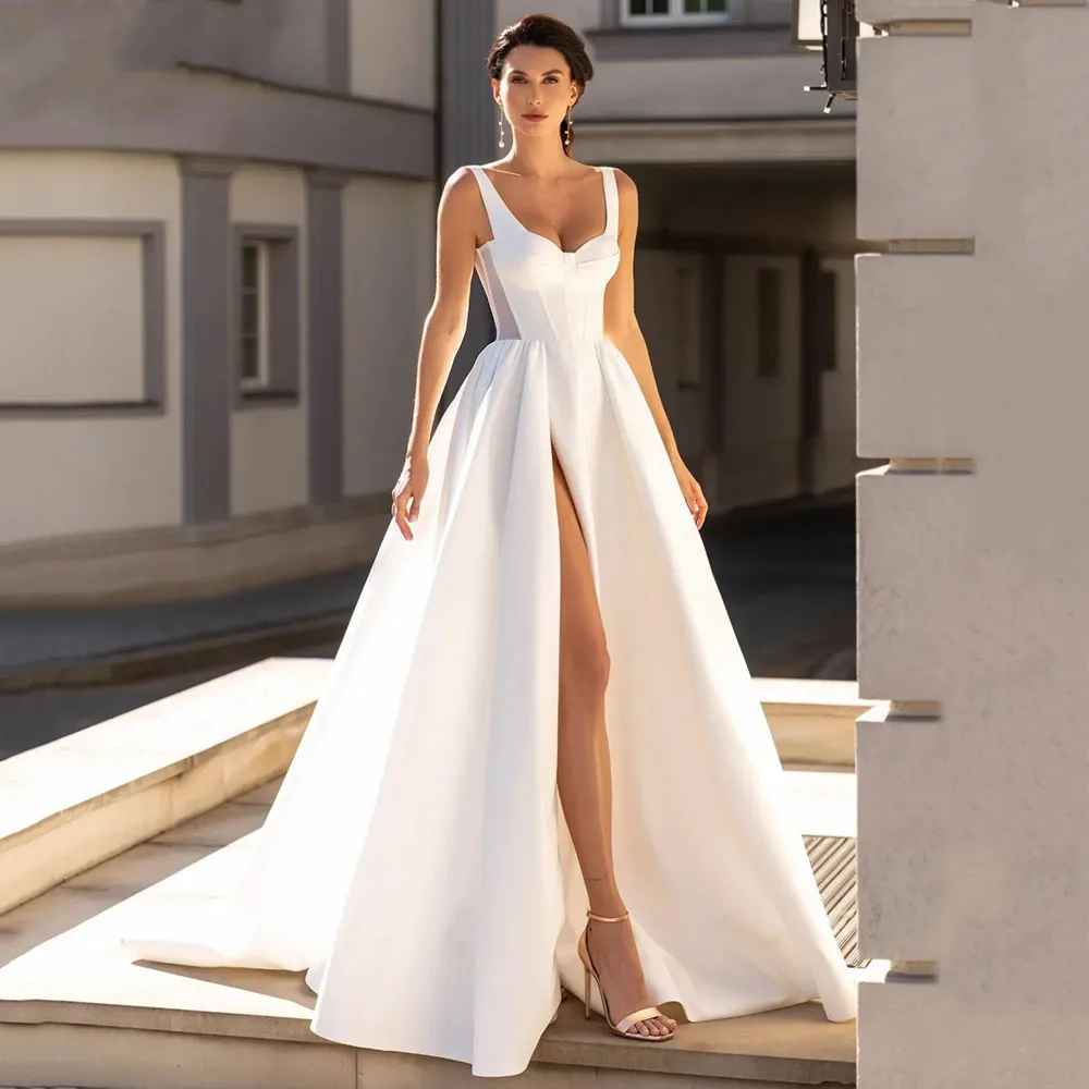 Sxey High Side Split Wedding Dresses 2023 Sweetheart Backless A-Line Bridal Gowns Satin Court Train Civil Vestido De Novia