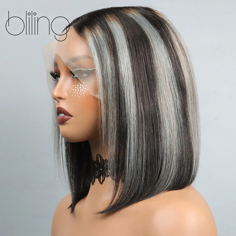 블랙 그레이 하이라이트 밥 가발 본 스트레이트 인모 브라질리언 180% 밀도 13X4X2 레이스 가발 여성용 컬러드 숏 밥 가발