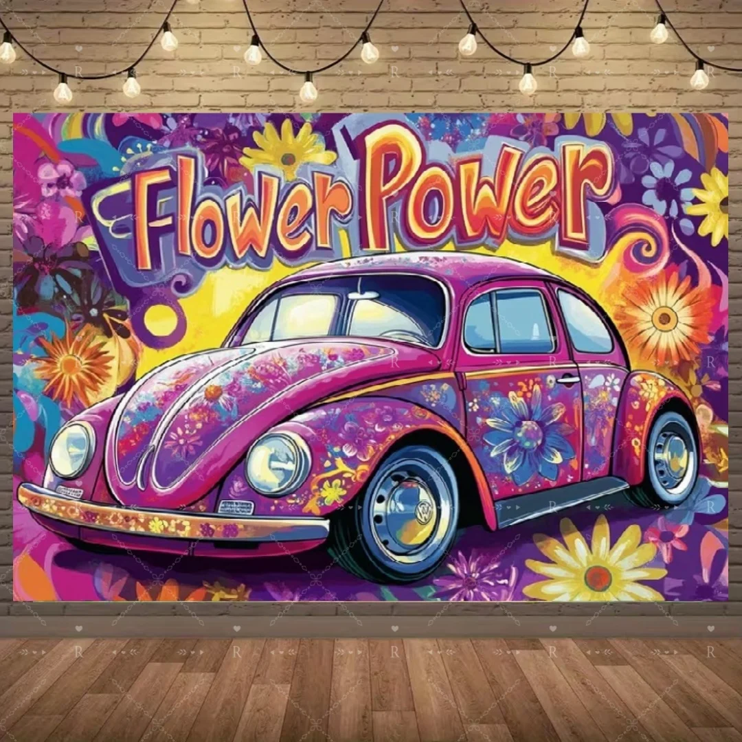 Bunter Hippie-Stil-Hintergrund, Liebe und Frieden, Partydekoration, Bohemian-Bus-Blumen, Fotografie-Requisiten, ästhetisches Zimmerbanner – Detail 5