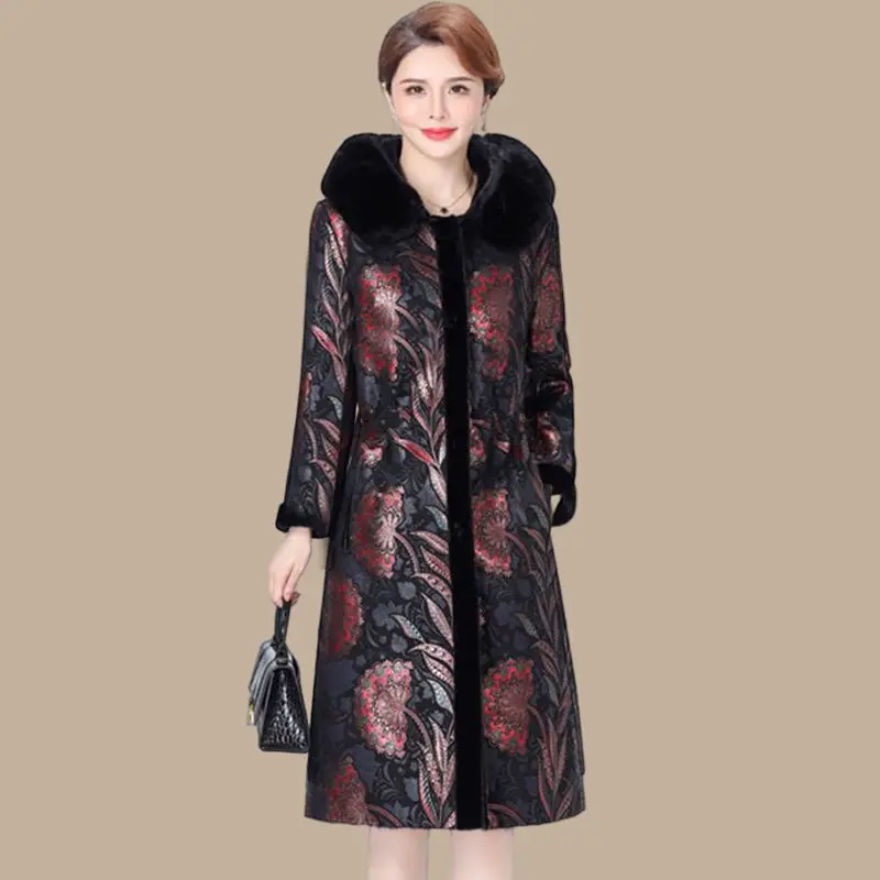 2023 Winter New Middle-Aged Women Faux Fur Coat Double-Sided Wear Thicken Thermal Long Outwear Female Large Size Hooded Parkas