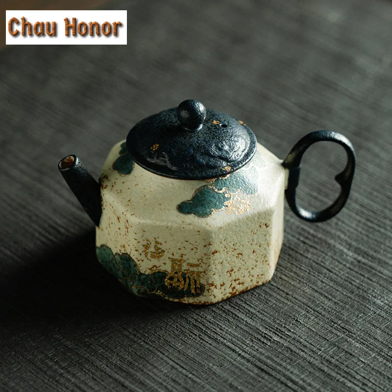 125ML Blue And White Flint Red Teapot Vintage Gold Drawing Auspicious Cloud Octagon Pot Tea Making Kettle Tea Ceremony Ornaments
