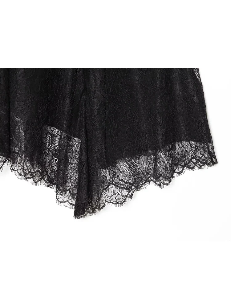 Women Casual Black Lace Long Skirt High Waist Skirt Ladies Elegant Solid Side Zipper Fashion A Line Asymmetrical Midi Skirt