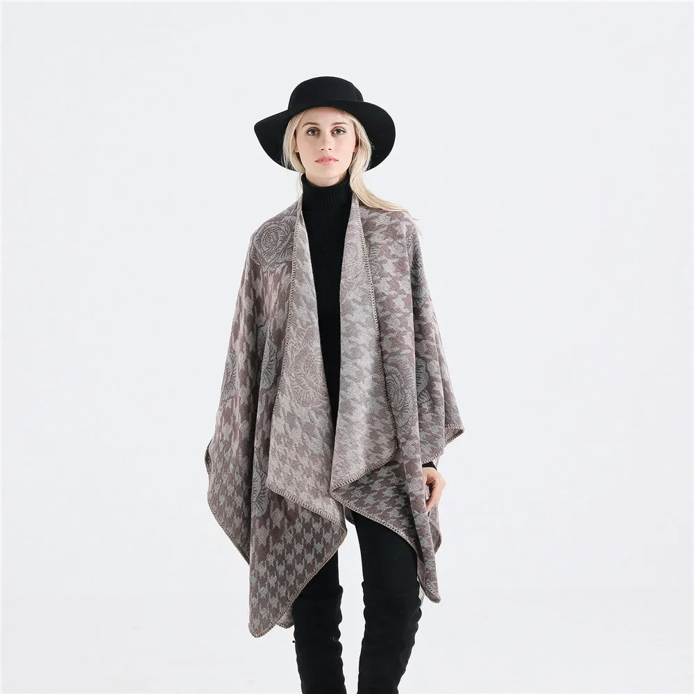 

2024 Autumn Winter New Hot Selling Fashion Gold Flower Pattern Travel Imitation Cashmere Women Shawl Poncho Capes Pink