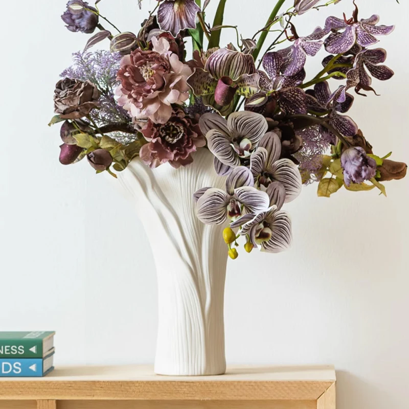 Nordic Ceramic White Wide Mouthed Vase, Dining Table, Living Room, Bedroom, Office, Tabletop Decor Accessories, Flower Ware, 1Pc