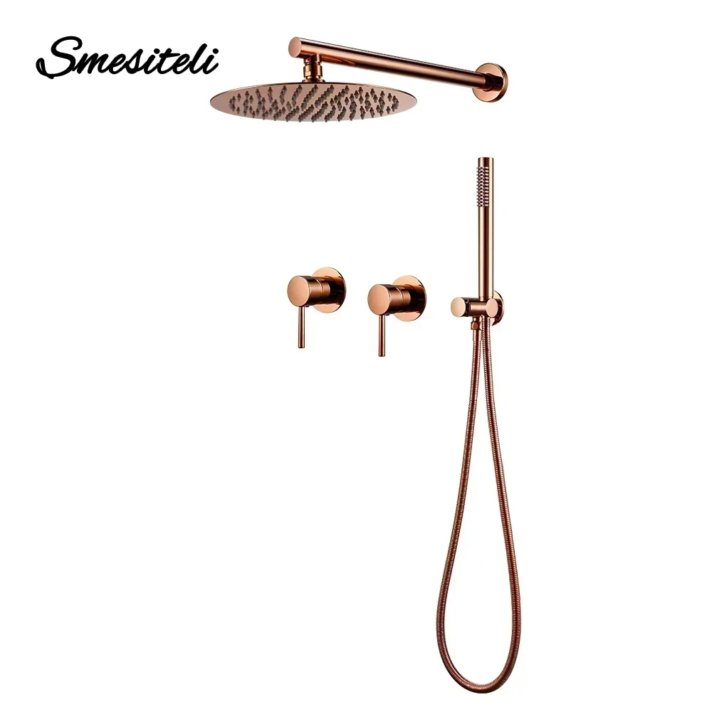 Rainfall Shower Set Rose Gold Wall Mounted Bathroom Shower Mixer Brass Faucet Hot Cold Water Mixer Tap With Head 8/10/12 Inch 2