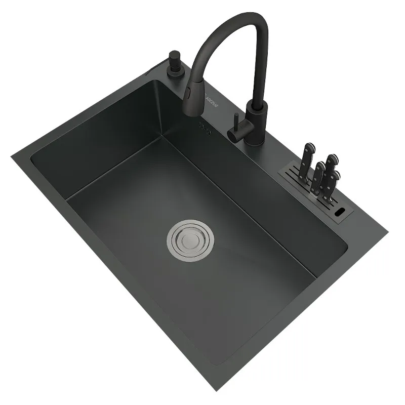 

60x45cm Nano 304 Stainless Steel Black Kitchen Sink Single with Knife Holder Hand-thickened Washbasin Kichen Rts8900
