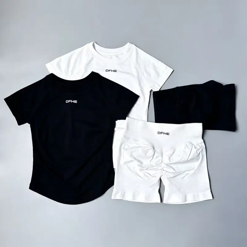 DFHE Women 2PCS Seamless Sports Suit Short Sleeve Yoga