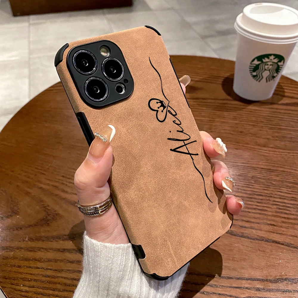 thumbnail image 1 of Personalised Custom Name Luxury Shockproof Matte Leather Phone Case for iPhone 14 13 12 11 Pro X XR XS Max 7 8 Plus Soft Cover, 1 of 5