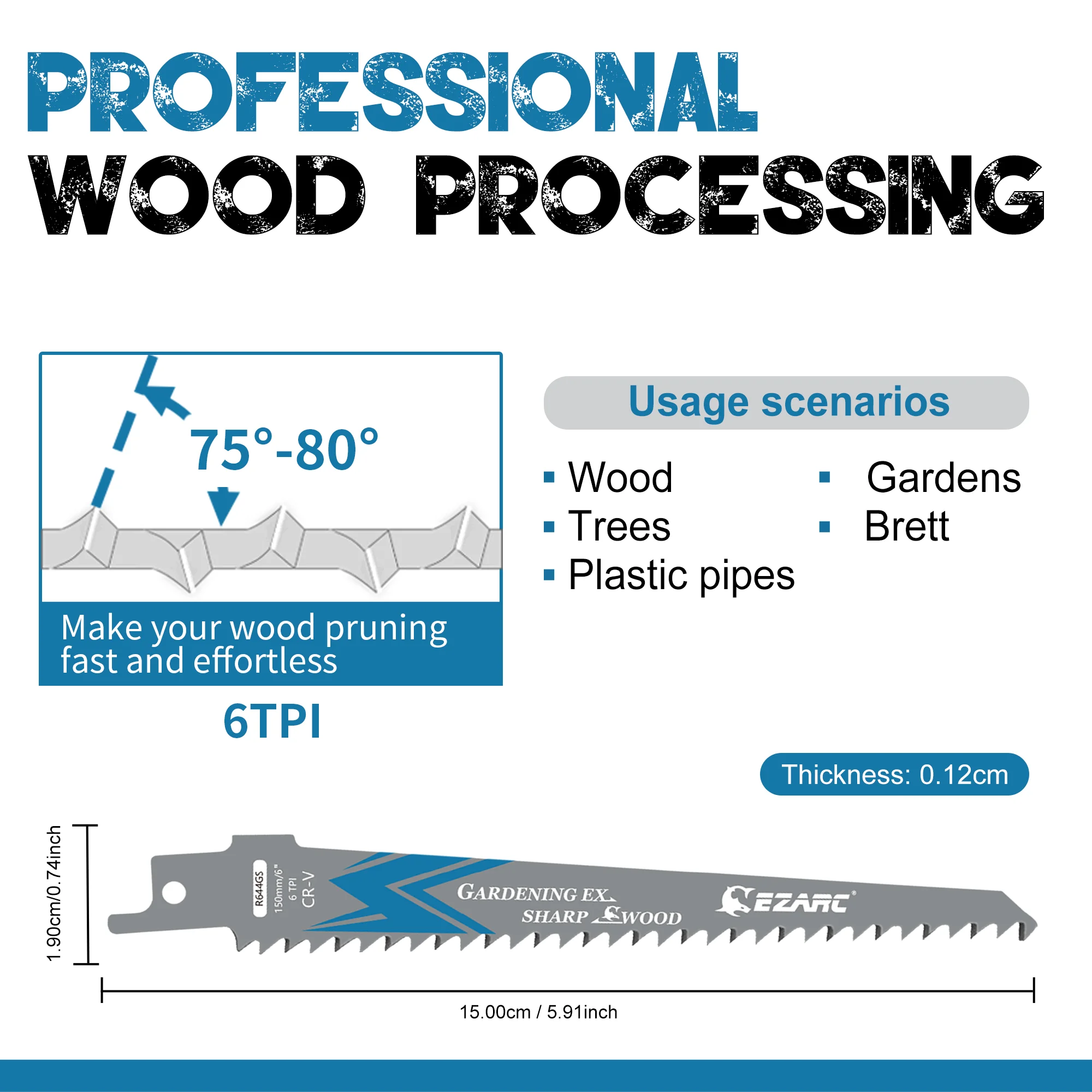 Wood pruning reciprocating saw blade 6-Inch/150mm recip saw blades R644GS 6TPI CRV sharp ground teeth sabre blades 5PCS saw blades
