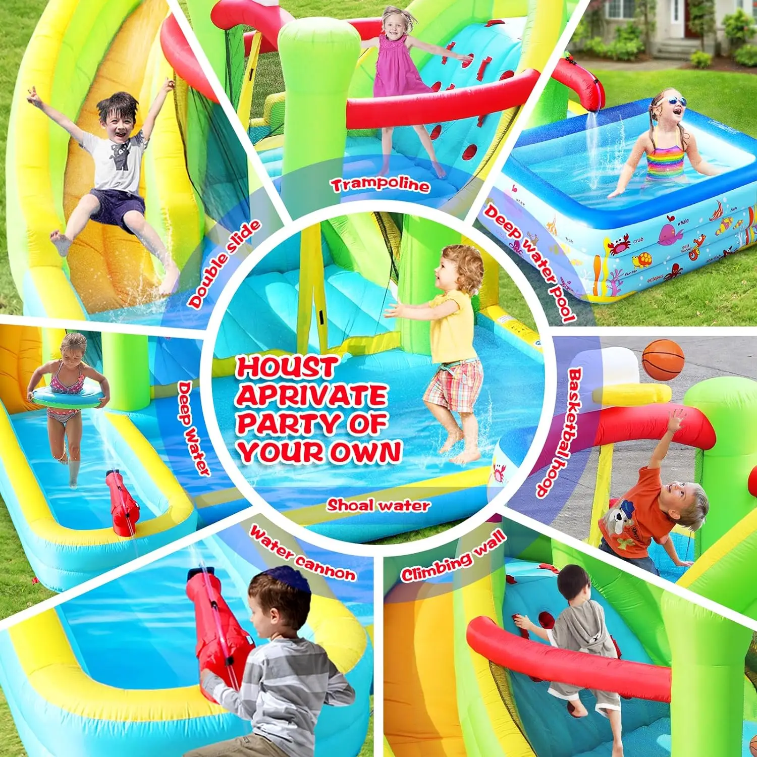 Inflatable Water Slide Pool for Two with Blower Bouncy Castle Rock Climbing Large Deep Pool and Water Gun Inflatable Swimming Pool