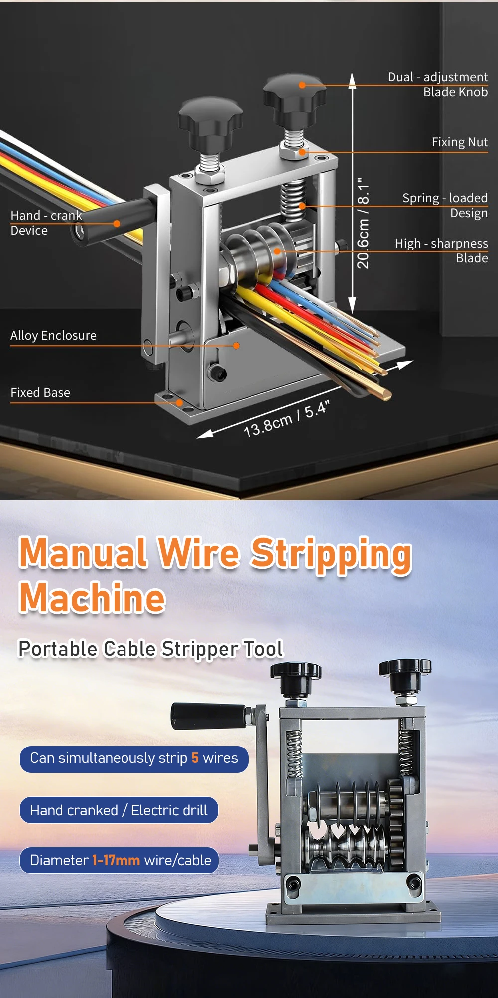 Manual Wire Stripper Multi-Knife Cable Stripping Machine Hand Crank & Electric D