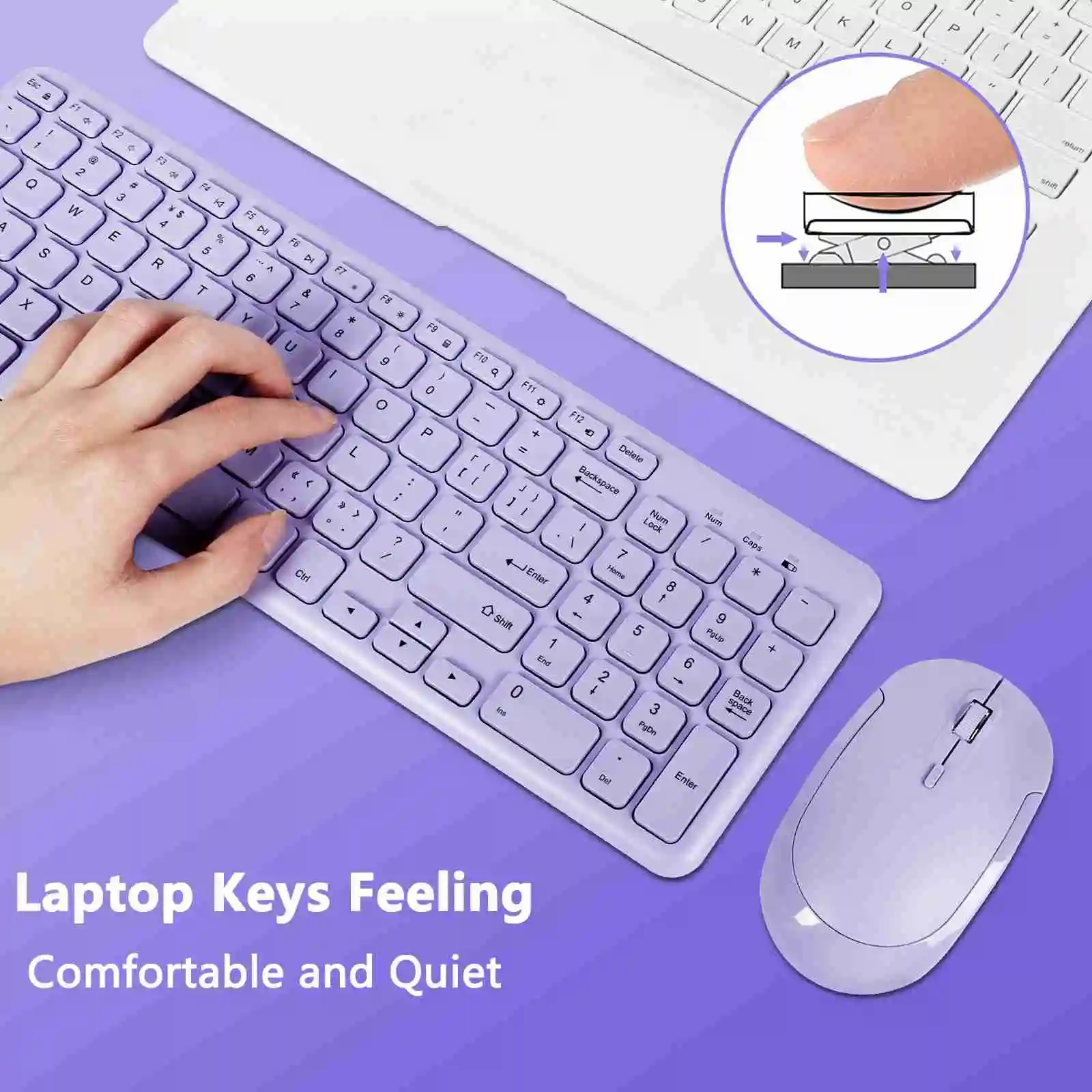 Moda Teclado e Mouse Conjunto de Teclado sem Fio para Computador Gamer Teclados e Mouse Kit Ultra Fino Escritório Ergonômico Gaming Teclado Ratos Roxo - Imagem 6