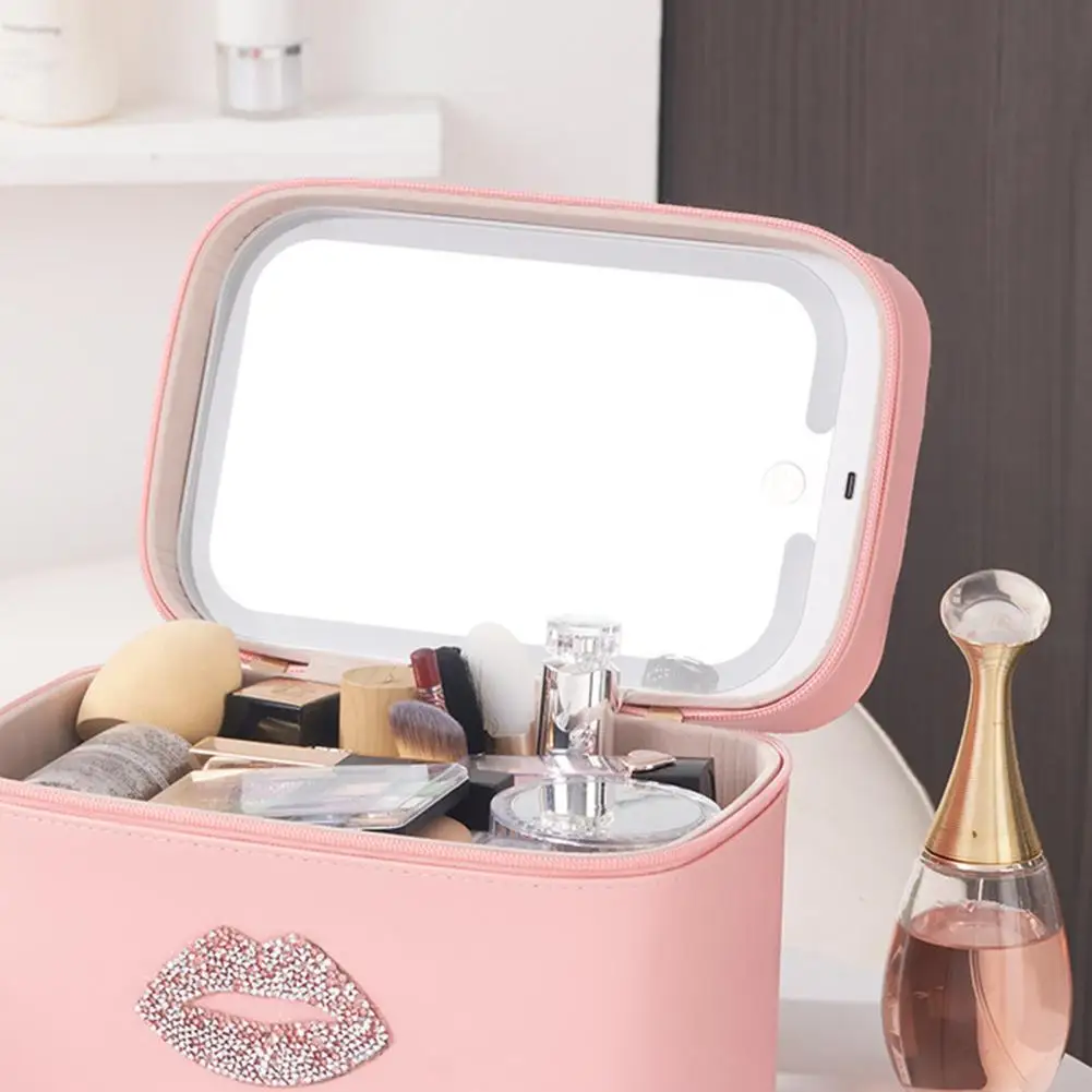 Travel Makeup Bag with LED Lighted Mirror Large Capacity Zipper Closure Handle Design Portable Cosmetic Makeup Organizer Bag 5