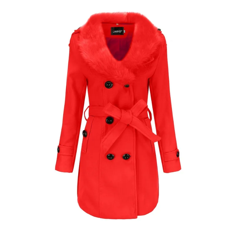 Winter Women Fashion Big Fur Collar Double-Sided Woolen Coat Female Long Double-breasted Slim Fit Large Size Pure Color Outwear