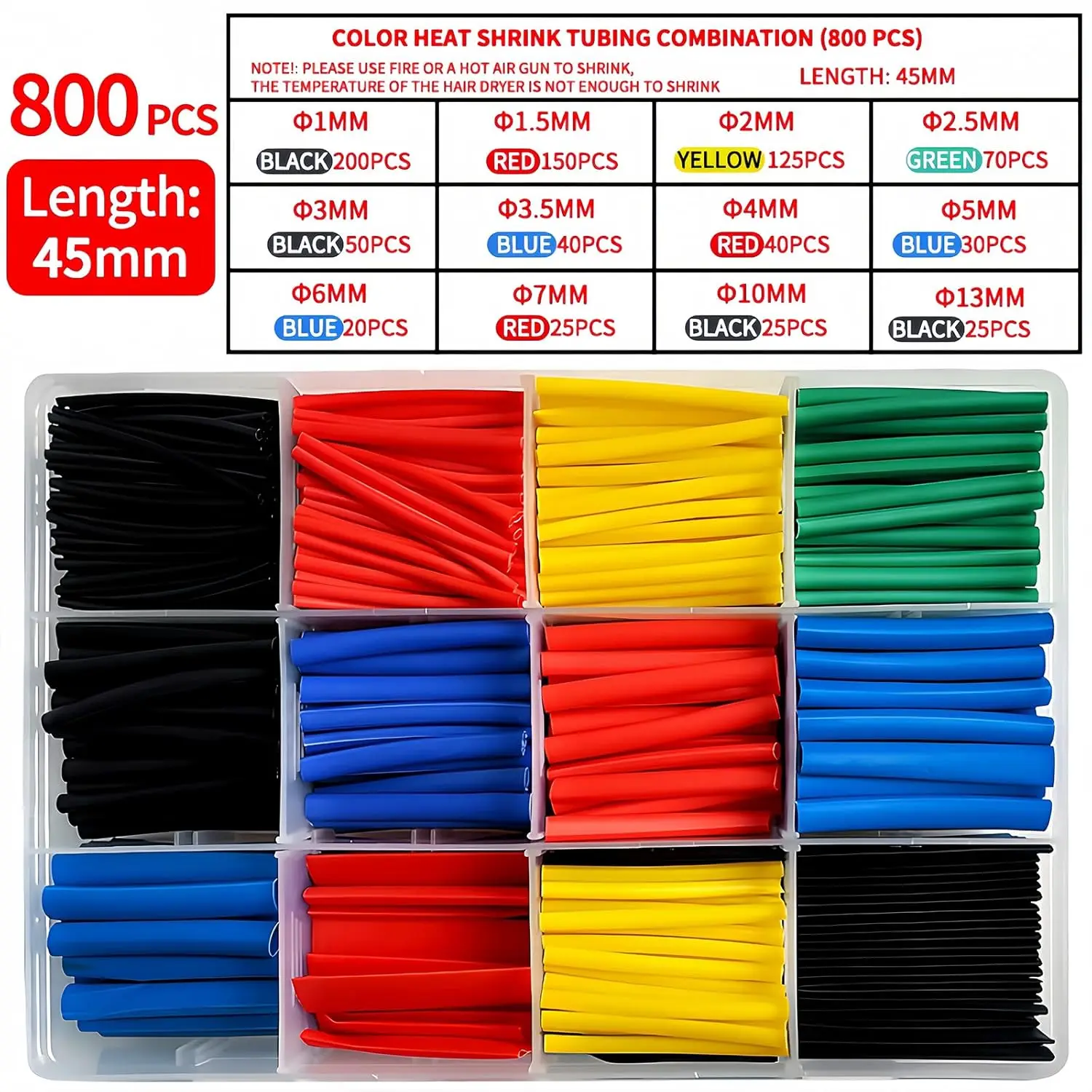 Heat Shrink Tubing 2:1 Electrical Wire Cable Wrap Assortment Electric Insulation Heat Shrink Tube Kit 800PCS