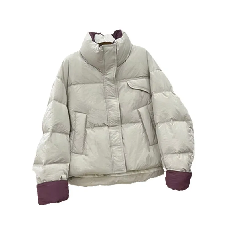 White goose down down jacket new women's short color contrast thickened casual style standing collar bread jacket warm jacket