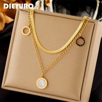 Stainless Steel Round Roman Numeral Dial Shell Pendant Necklace For Women Fashion Girls