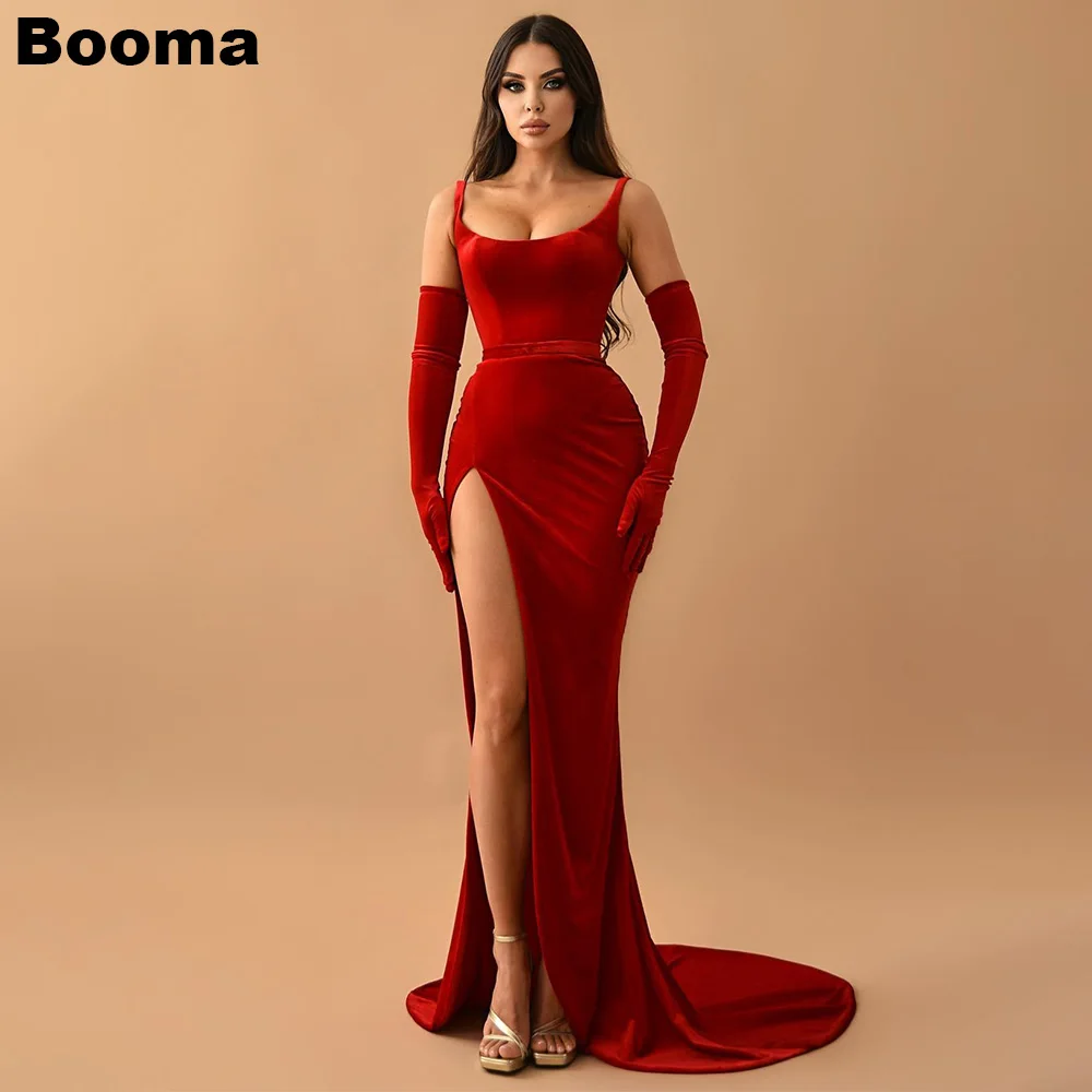

Женское вельветовое платье-Русалка Booma, красное вечернее платье с глубоким вырезом и высокими штанинами, платье для выпускного вечера в стиле Саудовской Аравии