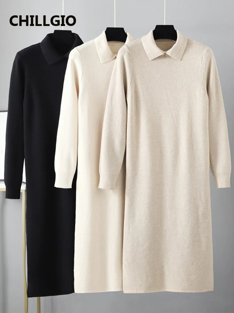 

CHILLGIO Women Winter Polo-neck Midi Long Knitted Basics Dress Warm Casual Fashion Streetwear Party Autumn Solid Sweater Dresses