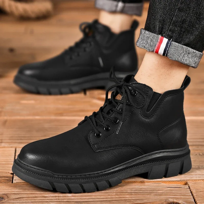 

Мужские ботинки на шнуровке, черные однотонные водонепроницаемые ботинки с круглым носком, на платформе, большие размеры, зима 2023