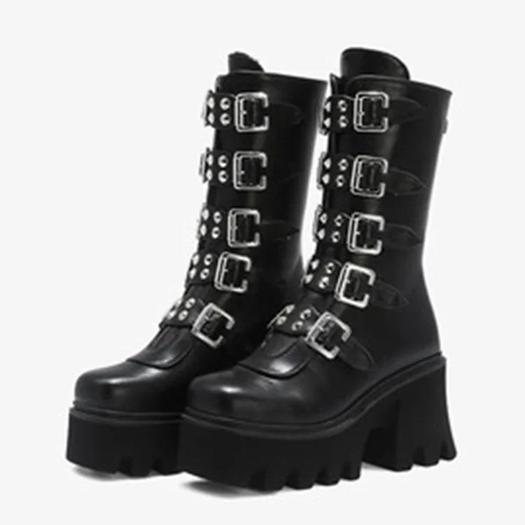 

European and American New Black High-tube PU Artificial Thick-soled short Boots Back Zipper Large Size Stage Women's Boots