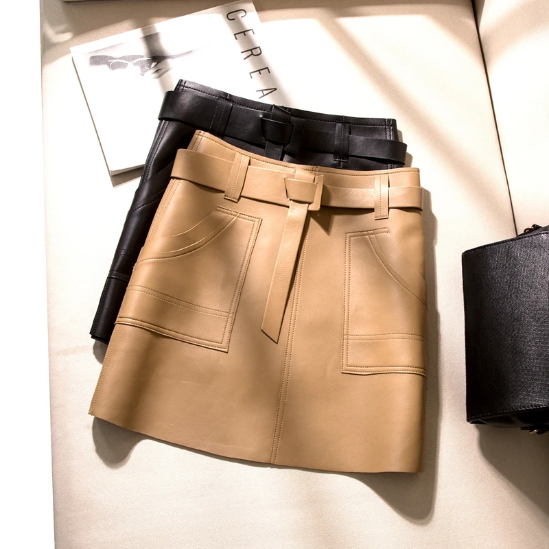 

High Quality Genuine Leather High Waisted A-line Skirt Buttocks Wrapped Skirt Women's Fashionable Sheepskin Belt Short Skirt Y2k