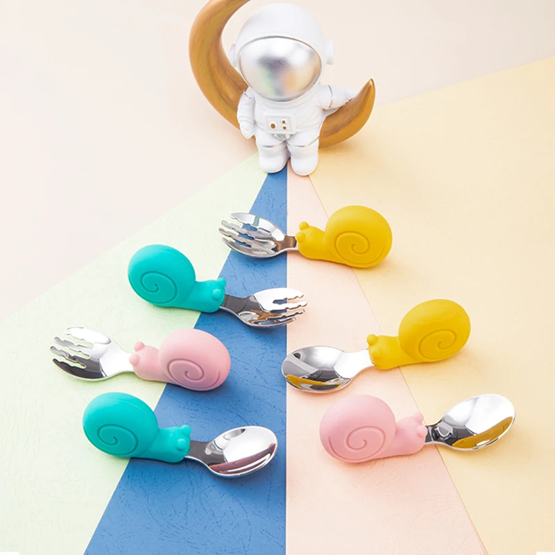 Portable Baby Stainless Steel Spoon Fork with Soft Silicone Handle, Self-Feeding Training Utensil for Kids Toddler (Cartoon)