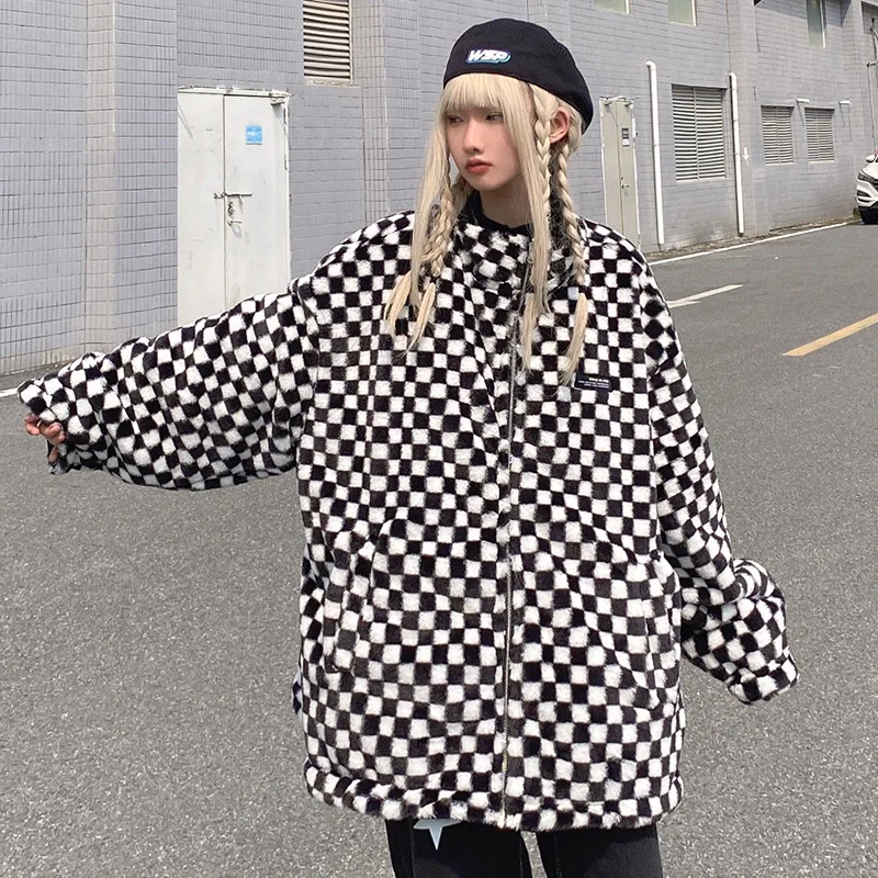 

Leather Women's 2022 Winter High Street Thickened Cotton-Padded Jacket Design Sense Checkerboard Double-Sided Wear