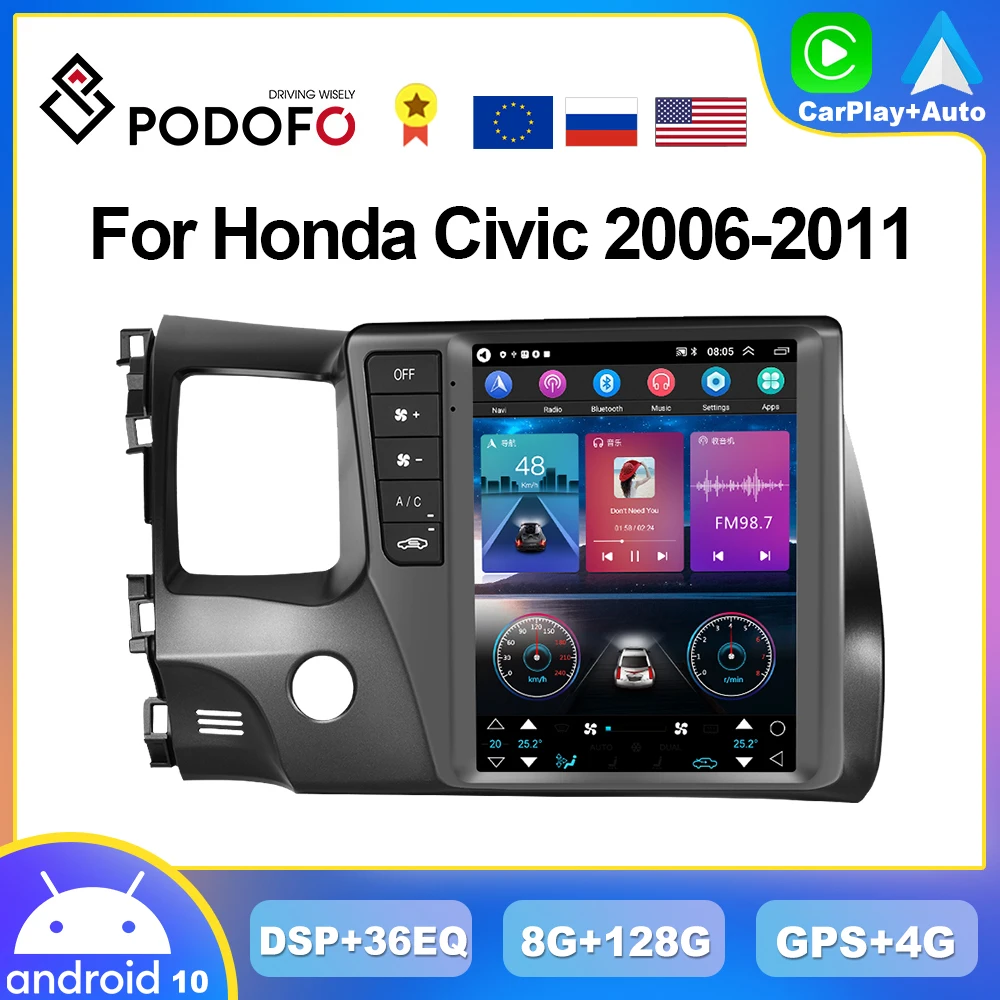 

Автомобильный мультимедийный плеер Podofo, 4G CarPlay, вертикальный экран, радио для Honda Civic 2006-2011, Android, головное устройство в стиле Тесла, GPS, стерео