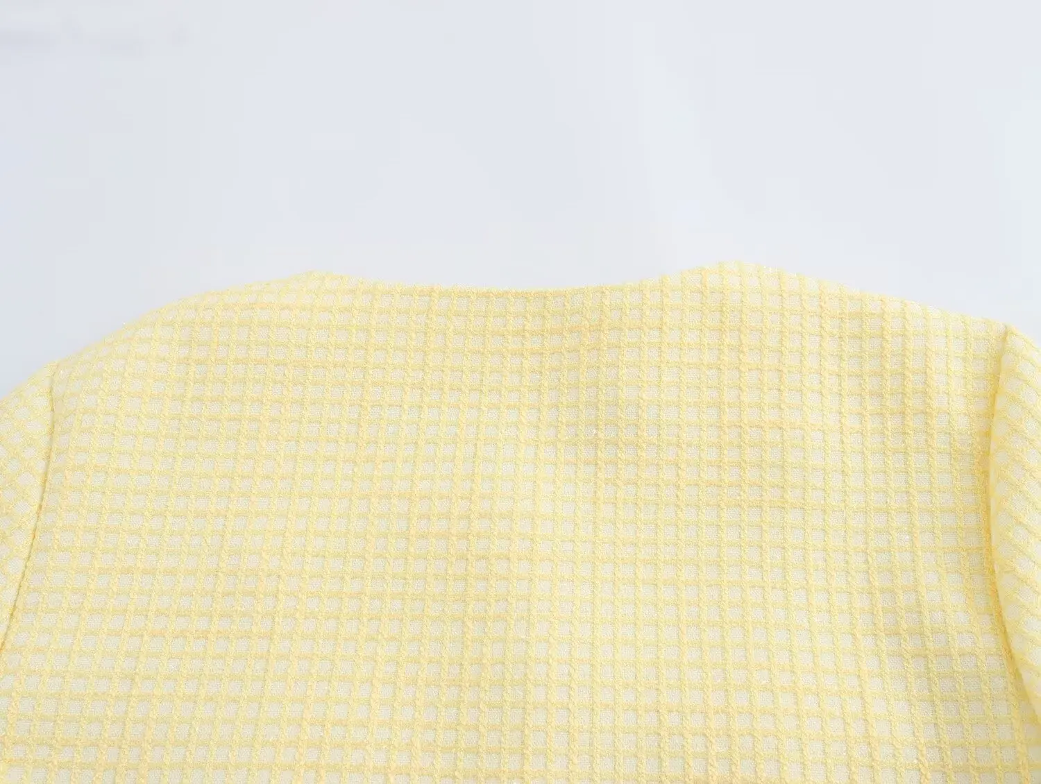 Abrigo de tweed a cuadros amarillo con cuello redondo para otoño, chaqueta corta vintage con bolsillos delanteros y botones dorados para mujer, chaqueta elegante